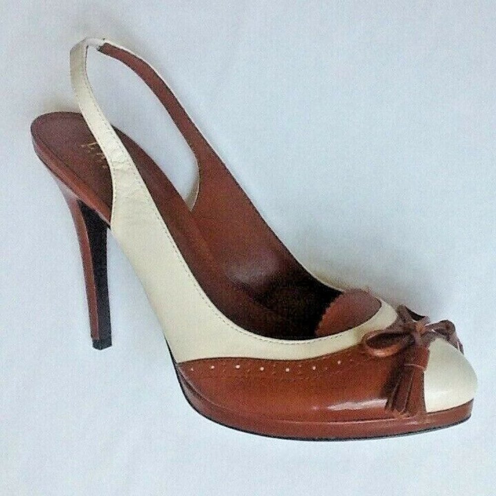 new Size 8.5 Narrow COGNAC & CREAM Ralph Lauren KALIDA Spectator Slingback Shoes - Picture 2 of 11